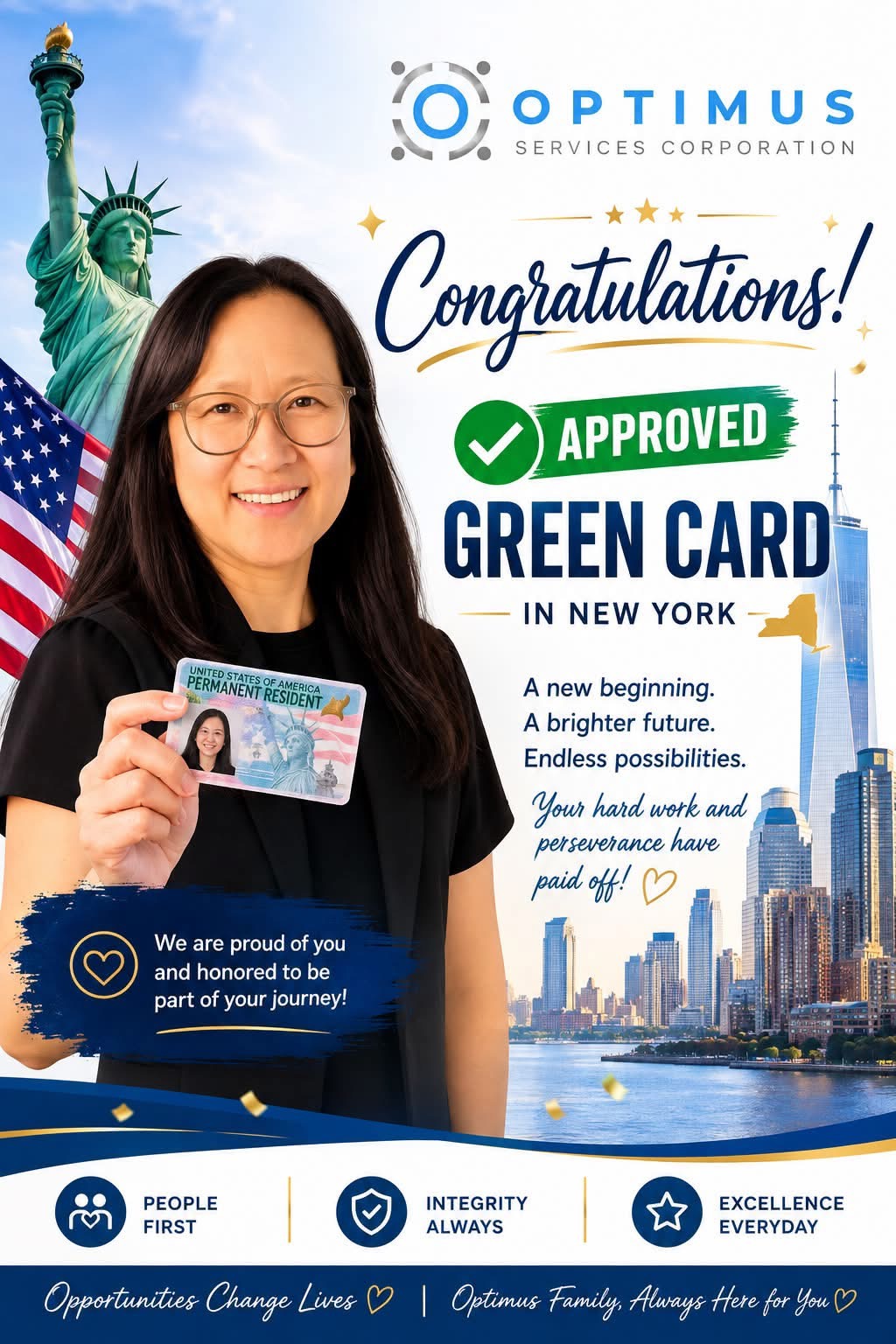 Optimus promotional material celebrating a green card approval in New York